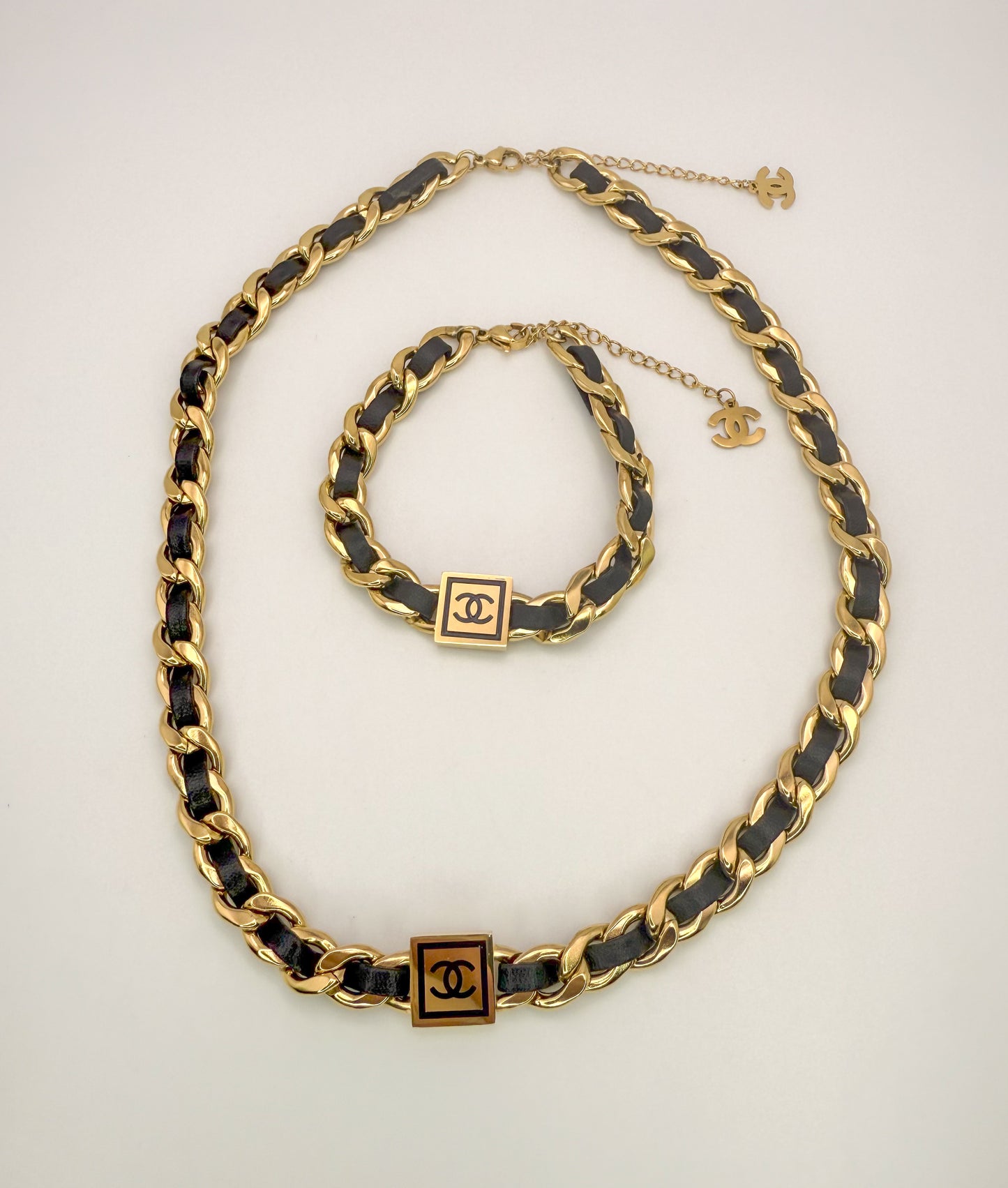 Chanel Gold & Leather Necklace Bracelet Set