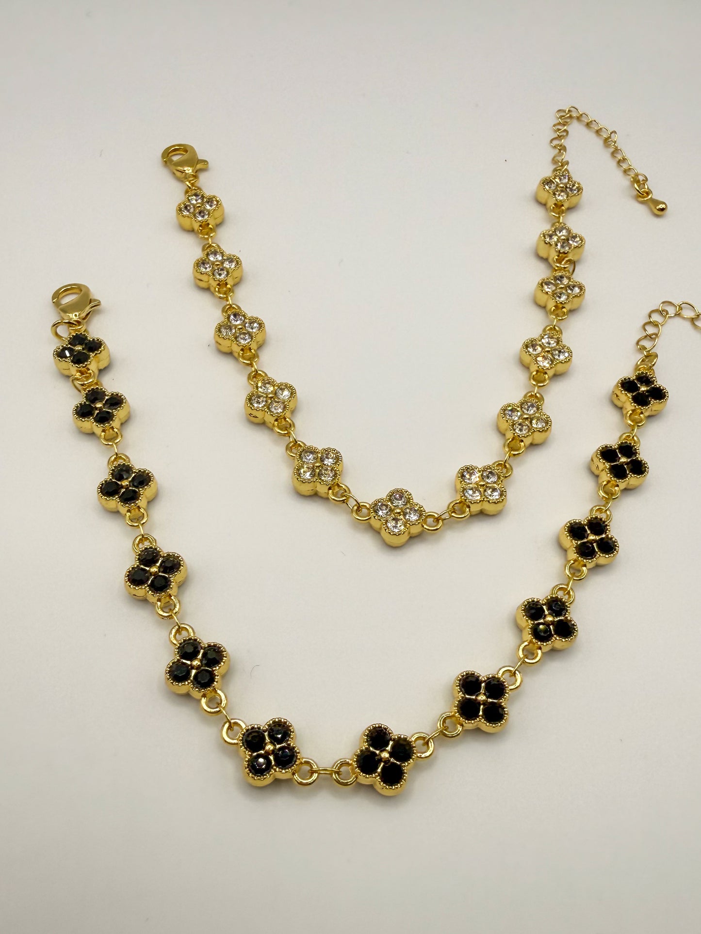 Gold Double Sided Black & Clear Clover Zircon Bracelet