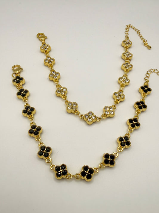 Gold Double Sided Black & Clear Clover Zircon Bracelet
