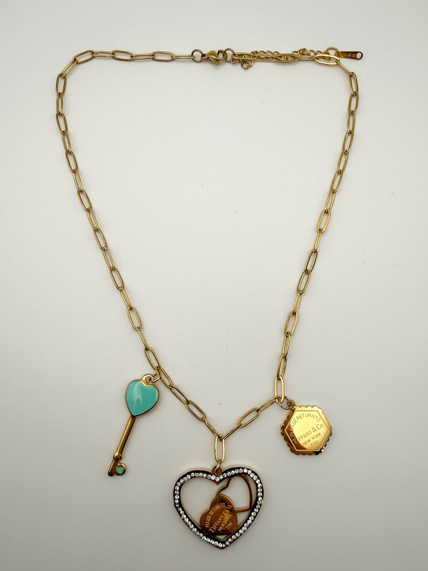 Gold Stainless Steel T&Co. Charm Necklace & Stud Earrings Jewelry Set