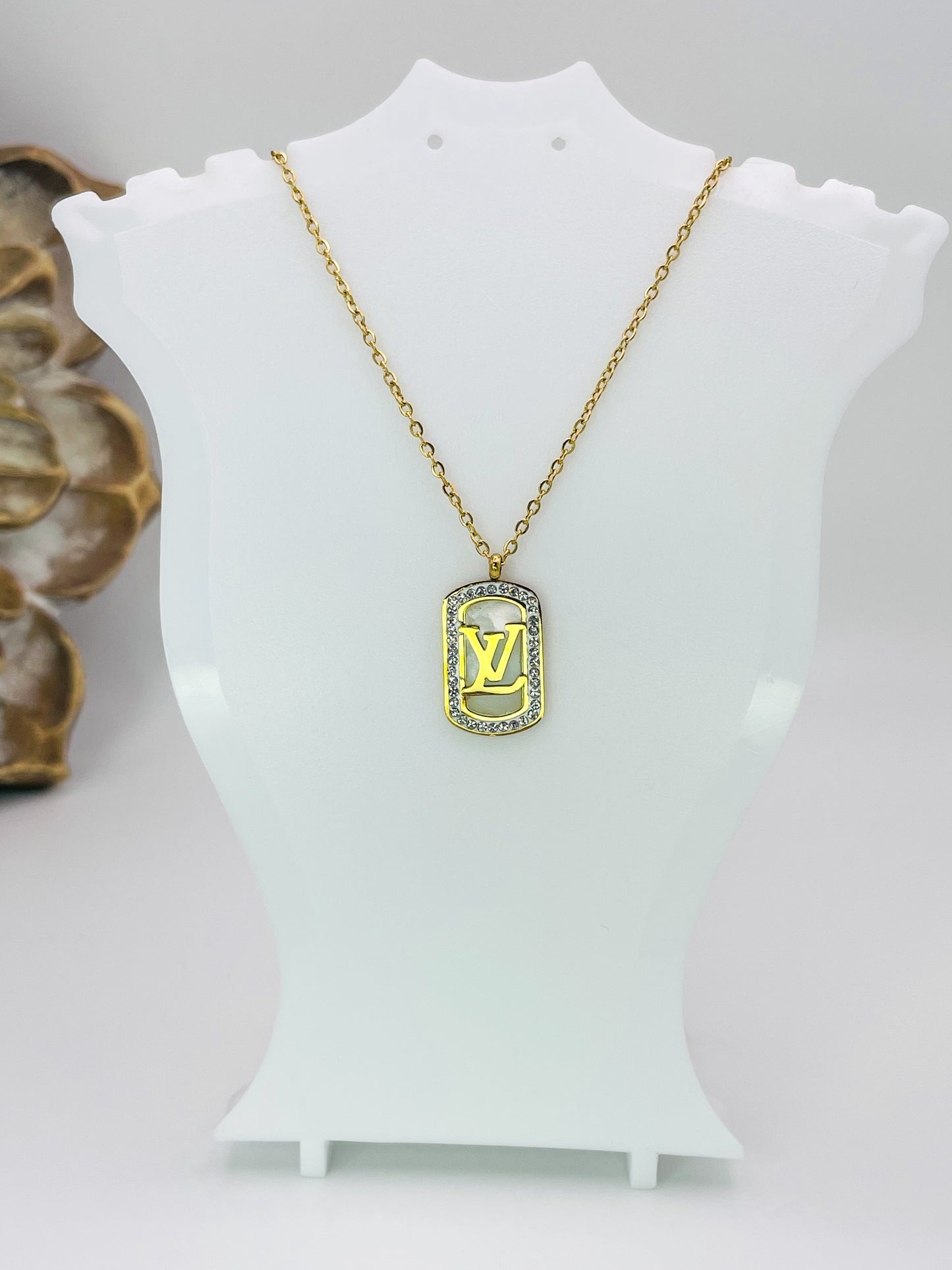 LV Mother of Pearl Rectangle Bling Pendant Stainless Steel Necklace, Gold or Silver