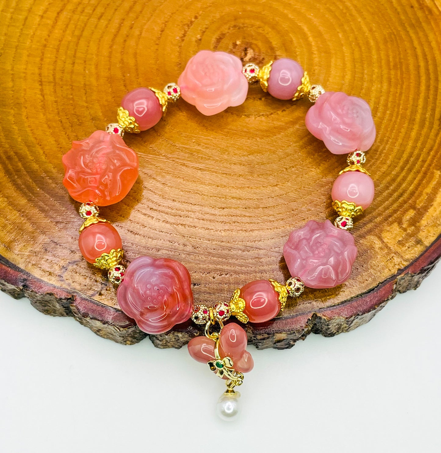 Natural Yanyuan Agate Peony Flower with Butterfly Dangle Carving Adjustable Stretchy Bracelet