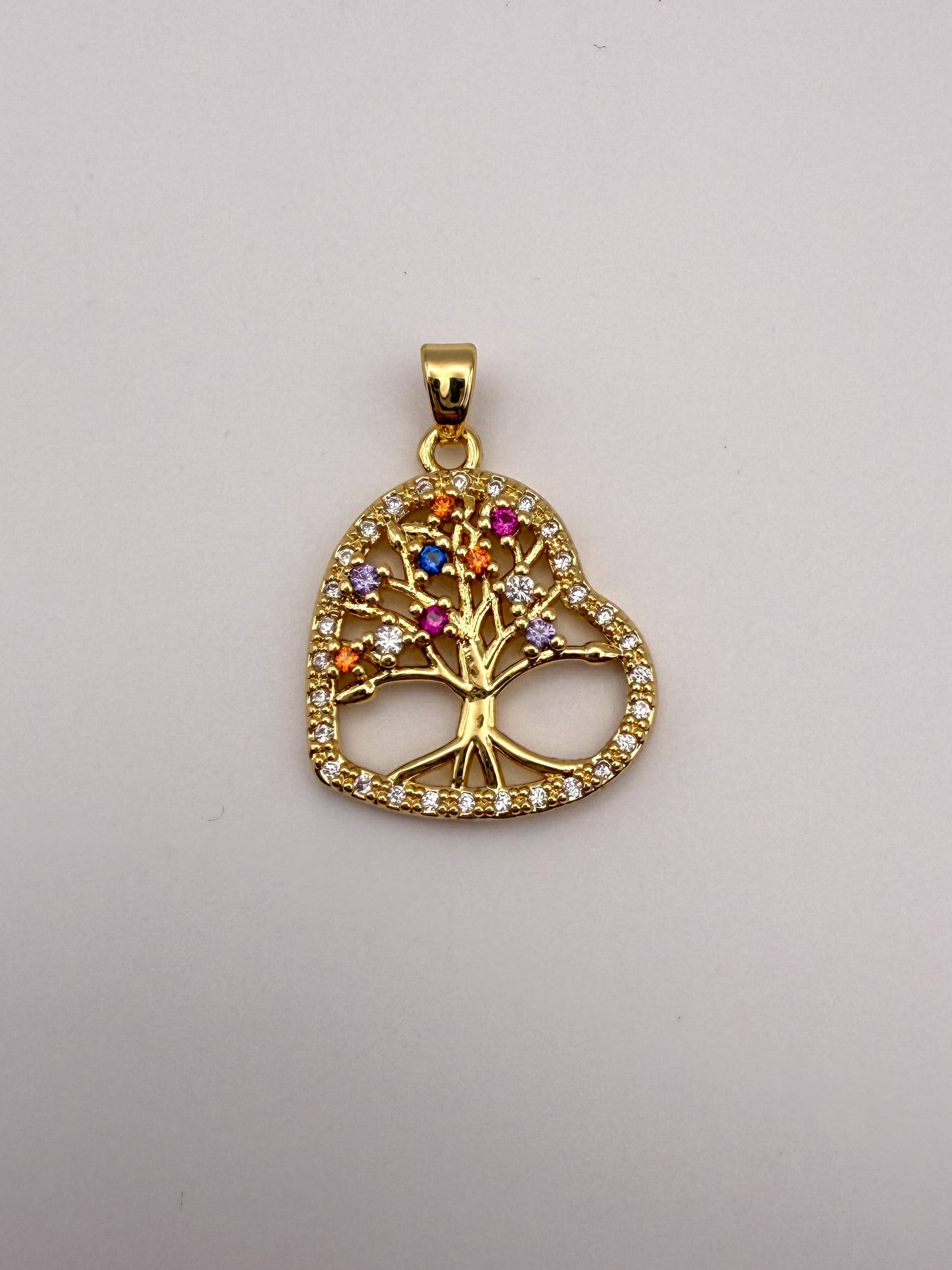 Gold Colorful Zircon Tree of Life Heart Charm Pendant
