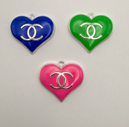 Silver CC Designer Colorful Enamel Heart Charm Pendant