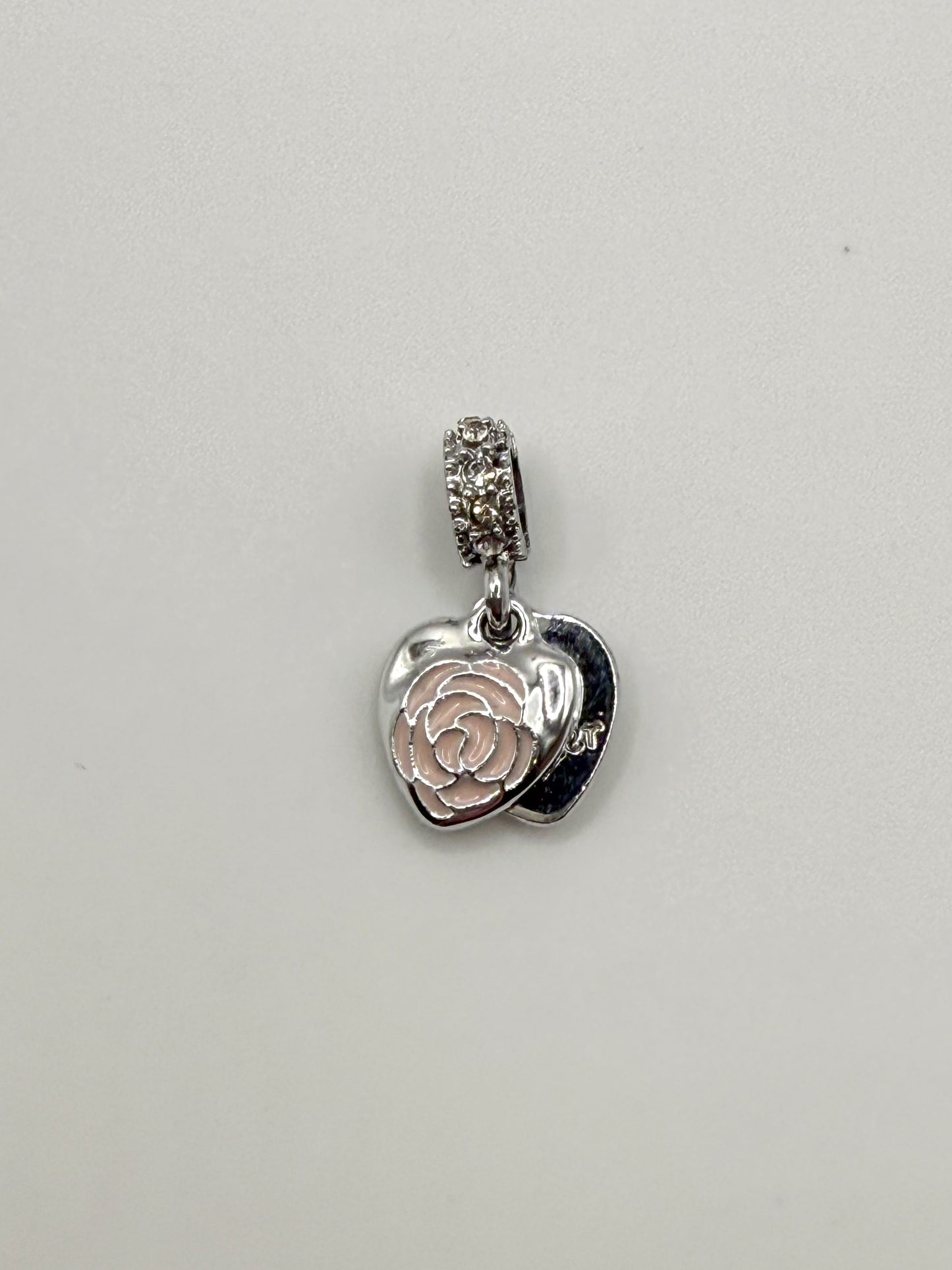 Pink Peony Flower on Silver Heart Pandora Style Charm