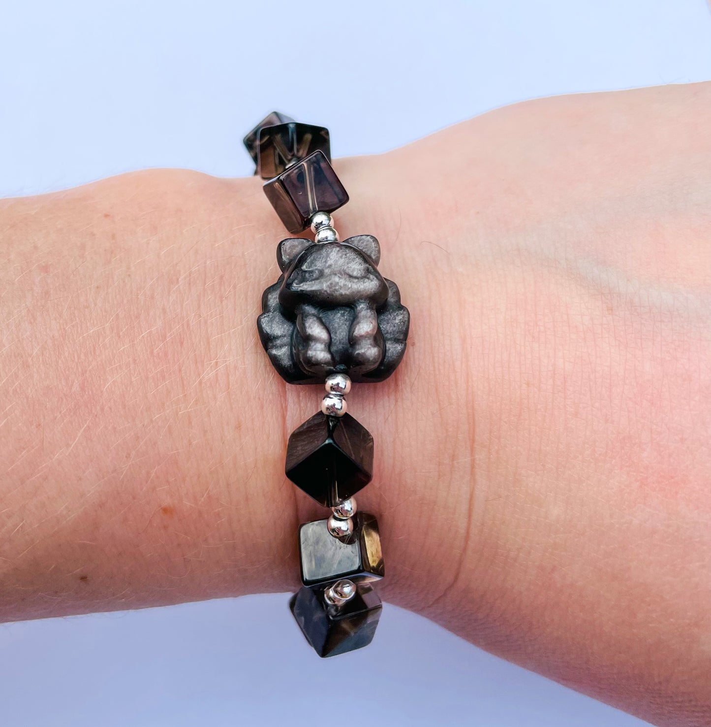 Natural Silver Obsidian 9 Tailed Fox & Smoky Quartz Irregular Beaded Adjustable Chain Bracelet