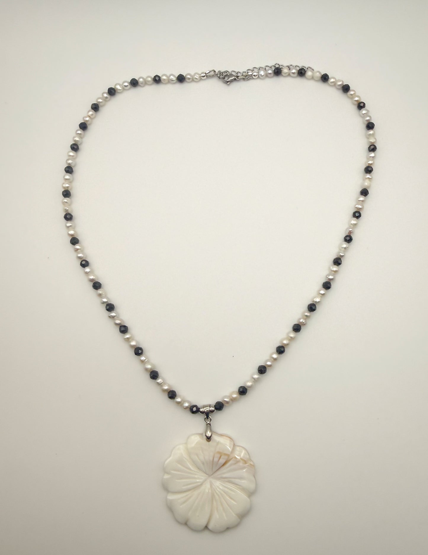 Natural Mother of Pearl Shell flower Pendant Freshwater Pearl & Natural Black Spinel Gemstone Statement Necklace