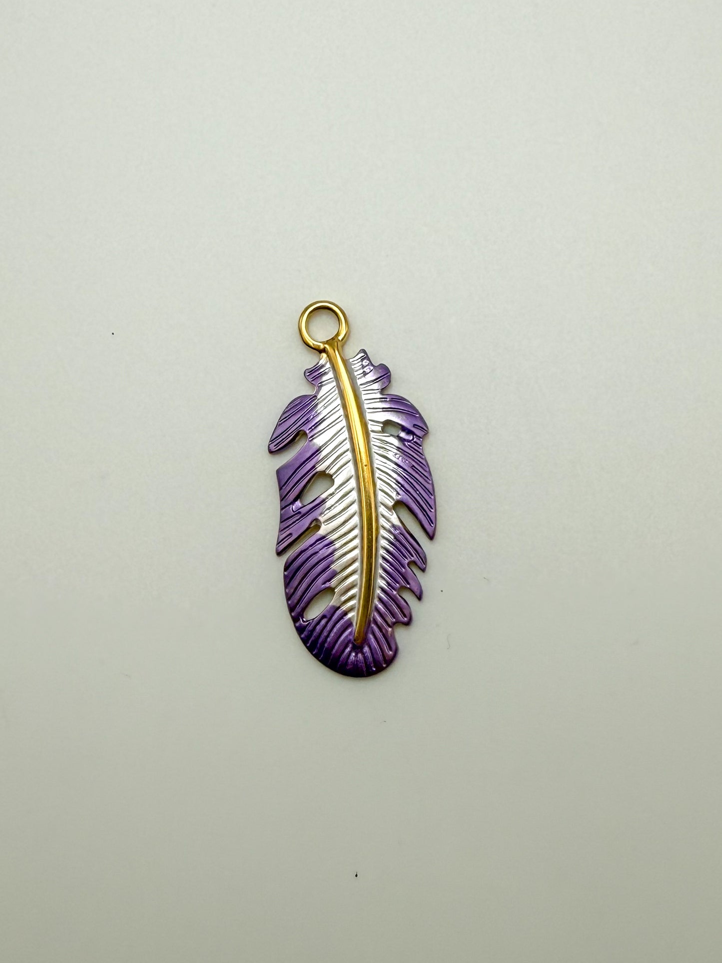 Stainless Steel Gold Purple Enamel Feather Charm Pendant