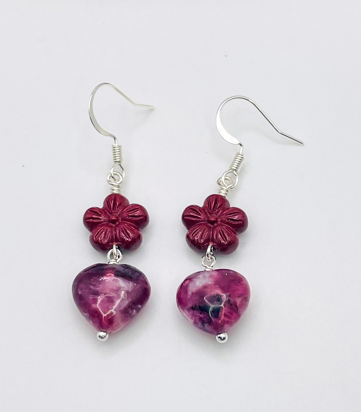 Purple Mica & Cinnabar Heart of Flowers Earrings