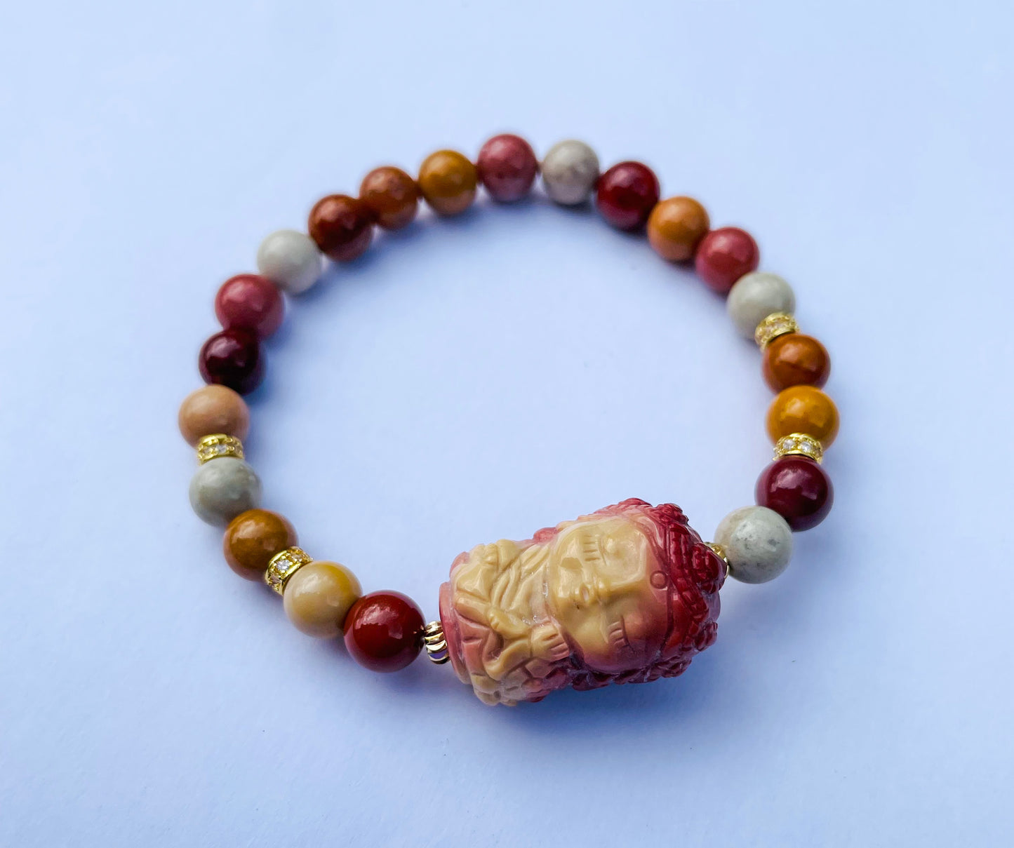 Natural Mooncake Alashan Agate Goddess Crystal Carving Beaded Stretch Adjustable Bracelet