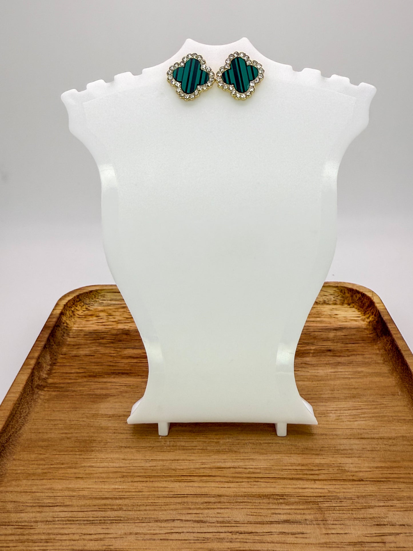 Malachite Green & Gold Clover Stud Earrings