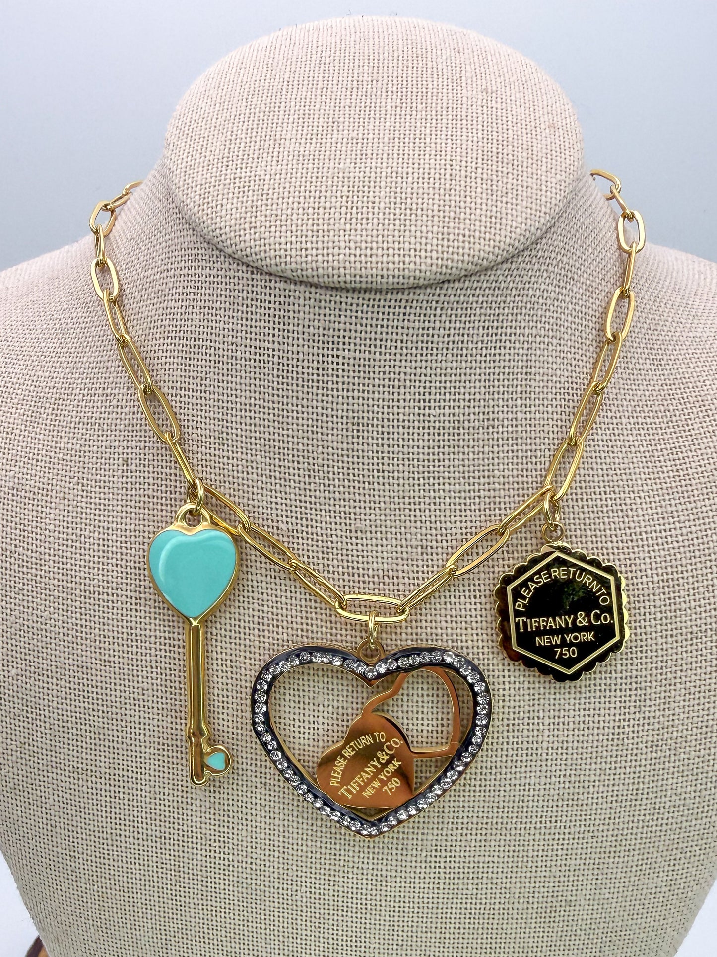 Gold Stainless Steel T&Co. Charm Necklace & Stud Earrings Jewelry Set