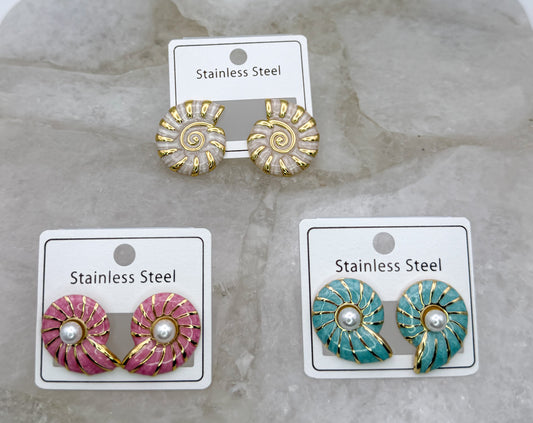 Enameled Colorful Snail Shell Gold Stainless Steel Statement Stud Earrings