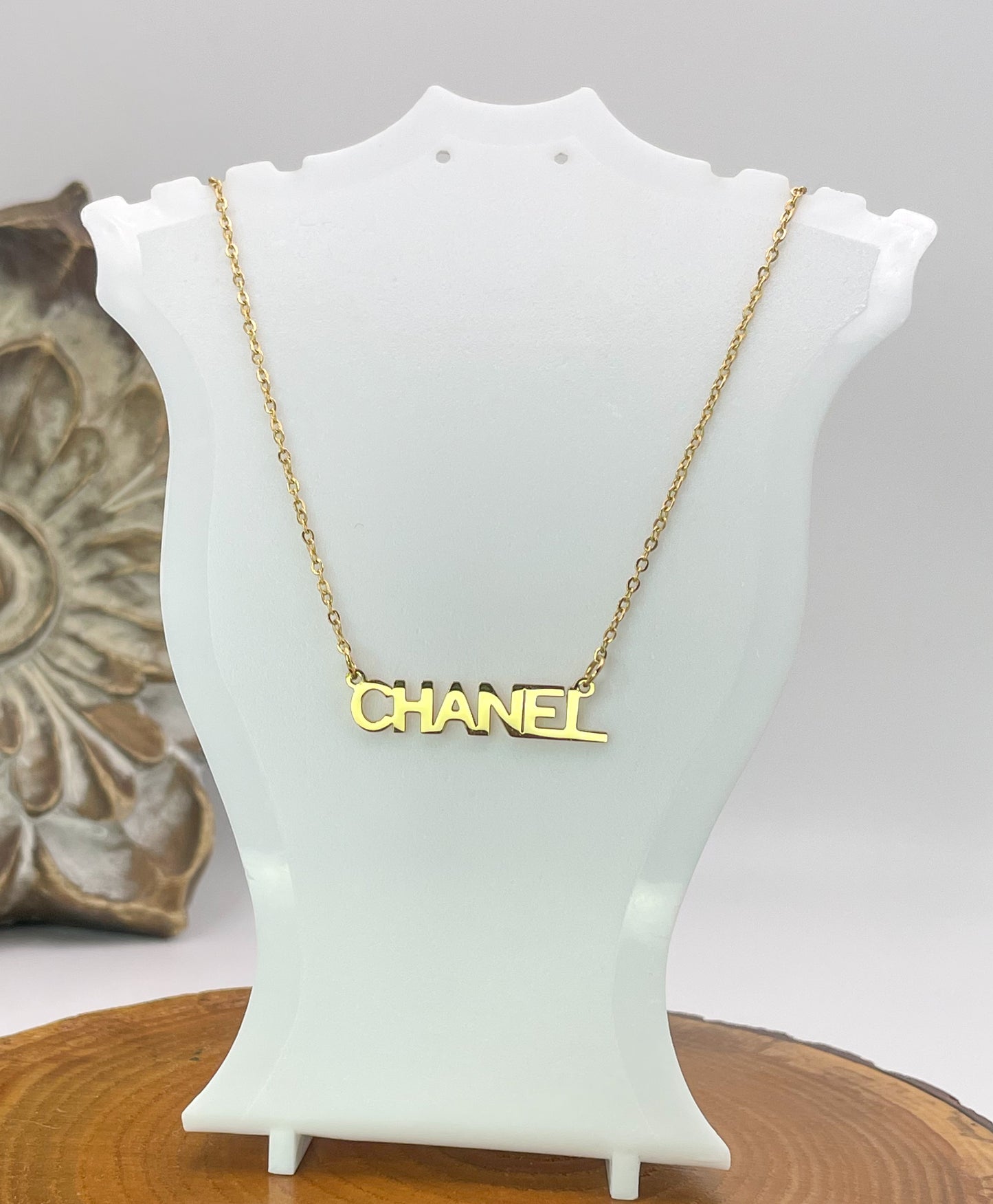 Designer CC Name Plate Gold Stainless Steel Necklace