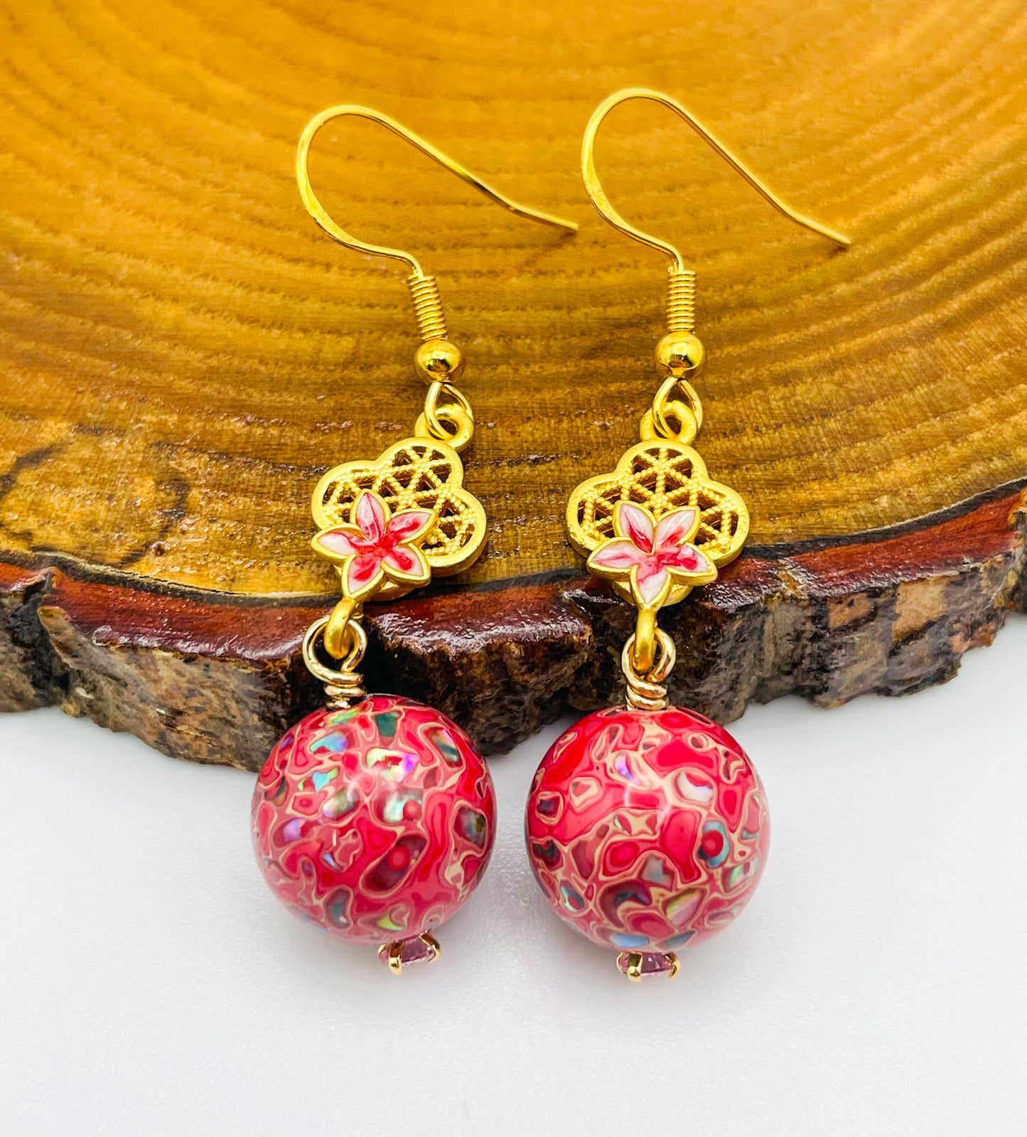 Handmade Daji Lacquer Beaded Bling Earrings with Natural Opal Inclusions