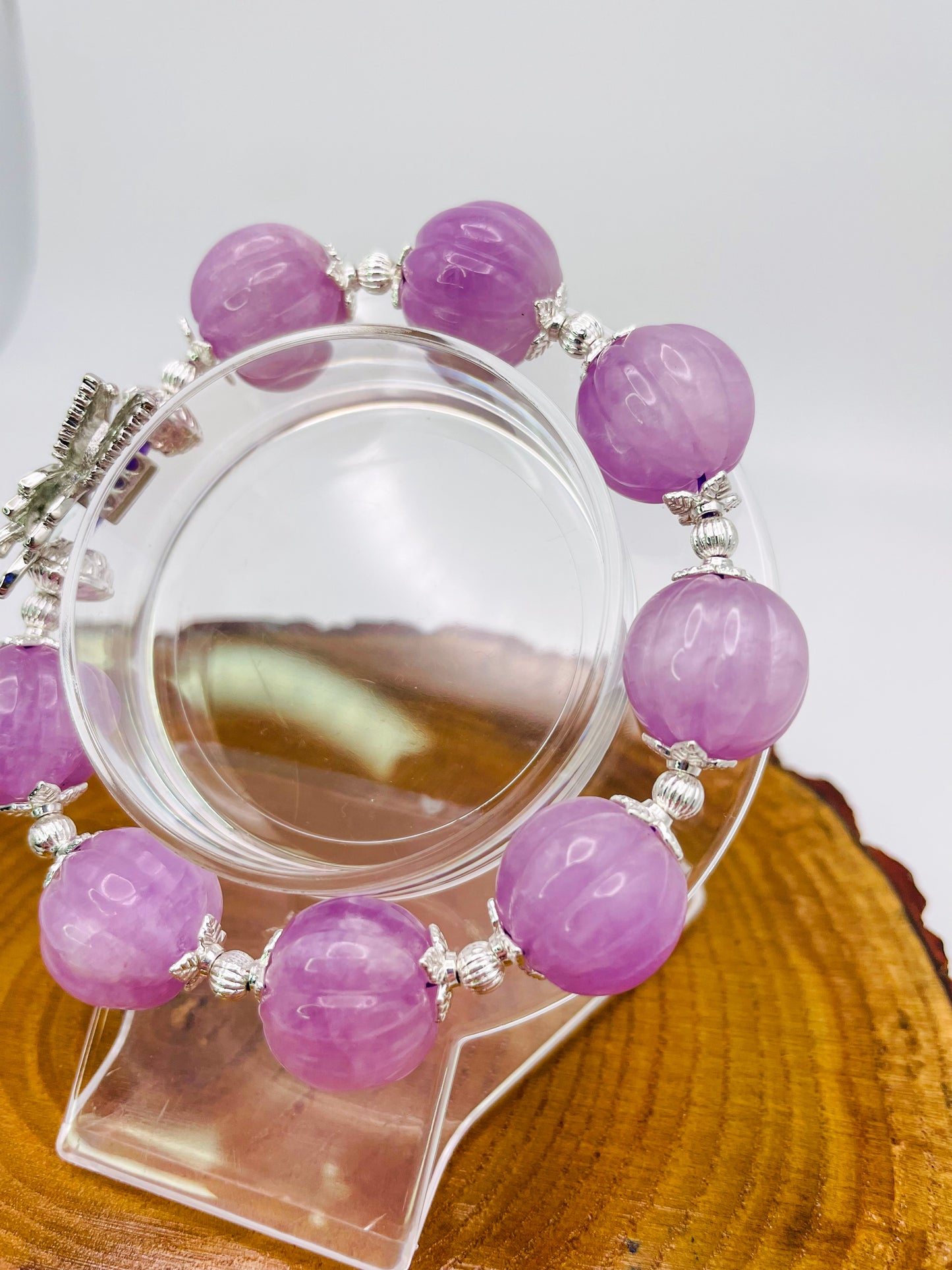 Natural Kunzite Pumpkin Craving Crystal Bracelet with Silver Double Butterfly Charm