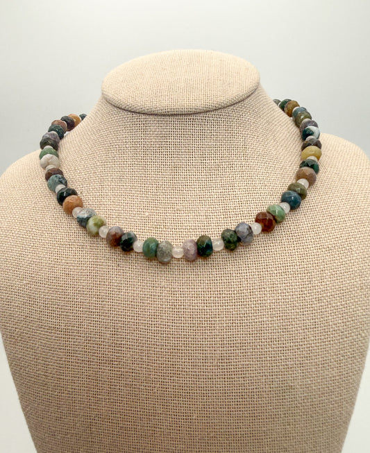 Natural Indian Agate Crystal Gemstone Faceted Donut Style Beaded Necklace