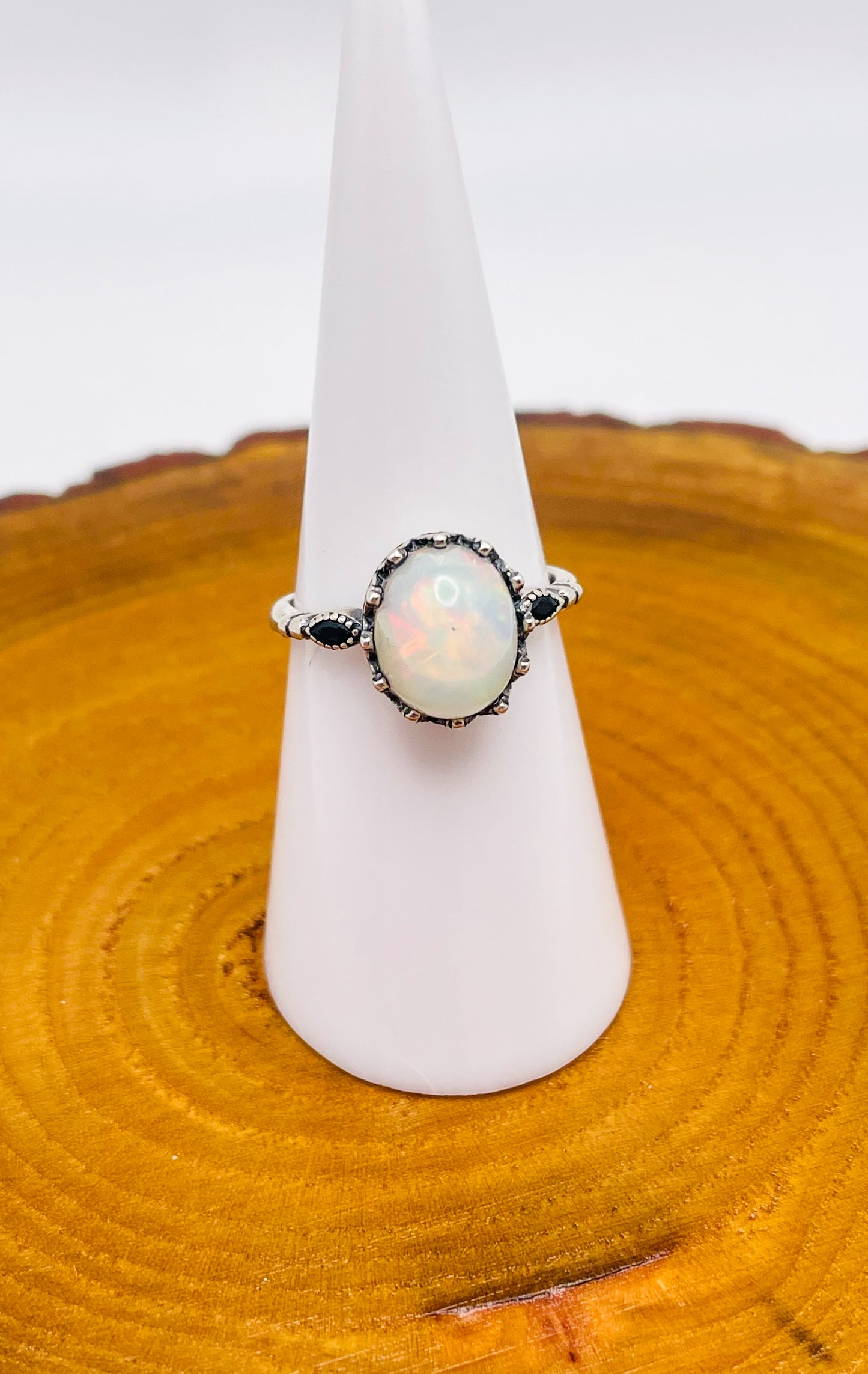 Sterling Silver Big White Opal Statement Adjustable Ring