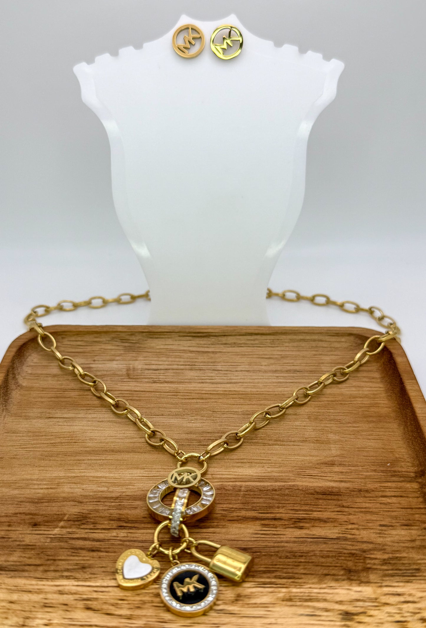 Gold Micheal Kors Designer Matching Necklace & Earrings Jewelry Set