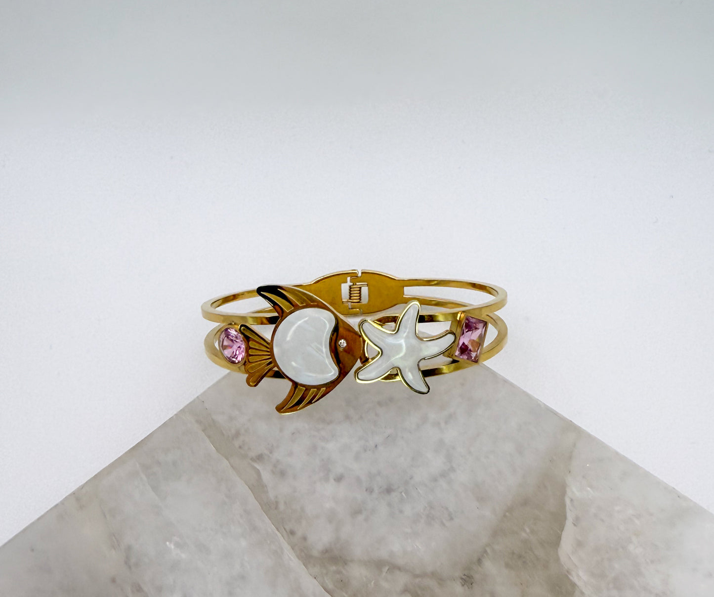 Gold Stainless Steel Sea Animal Open Front Bangle Bracelet