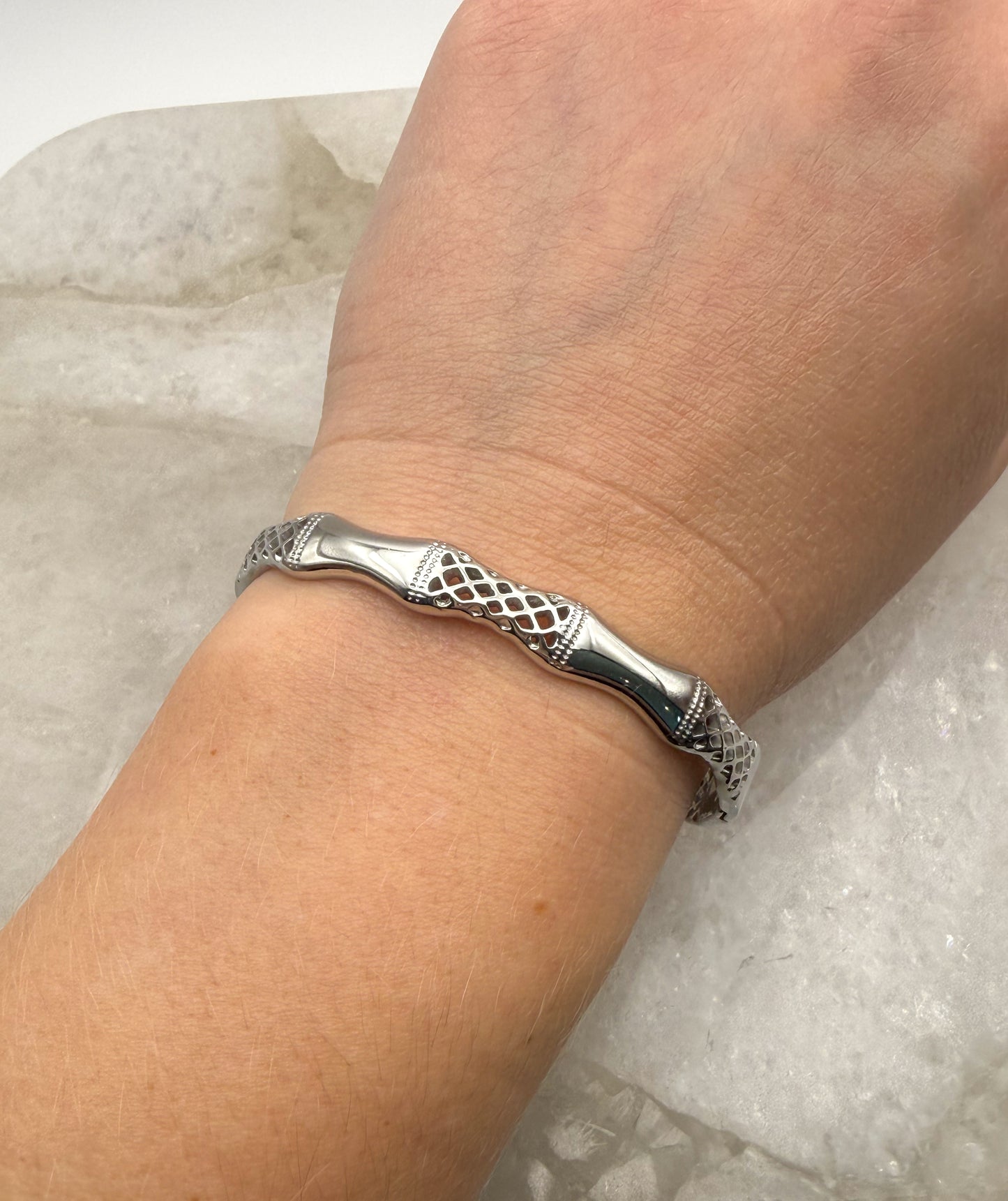 Silver Stainless Steel Delicate Bamboo Bangle Bracelet