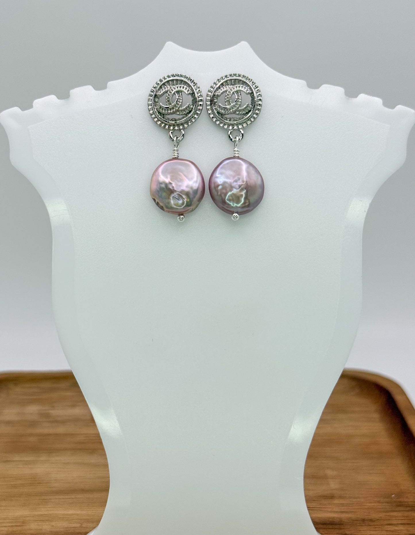 Silver CC Designer Stud Earrings with Dangling Freshwater Pearls