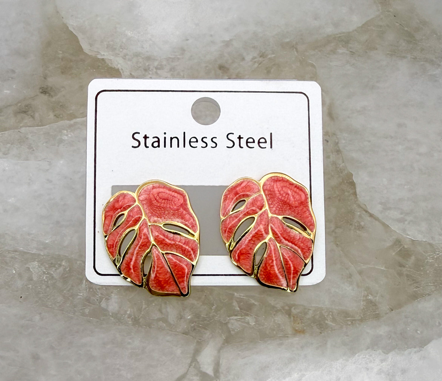 Colorful Monstera Leaf Gold Stainless Steel Stud Earrings