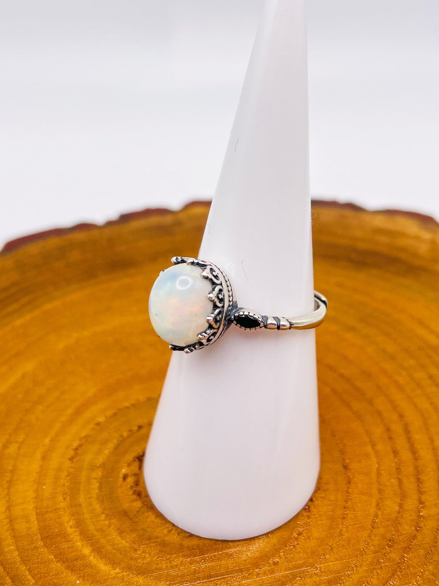 Sterling Silver Big White Opal Statement Adjustable Ring