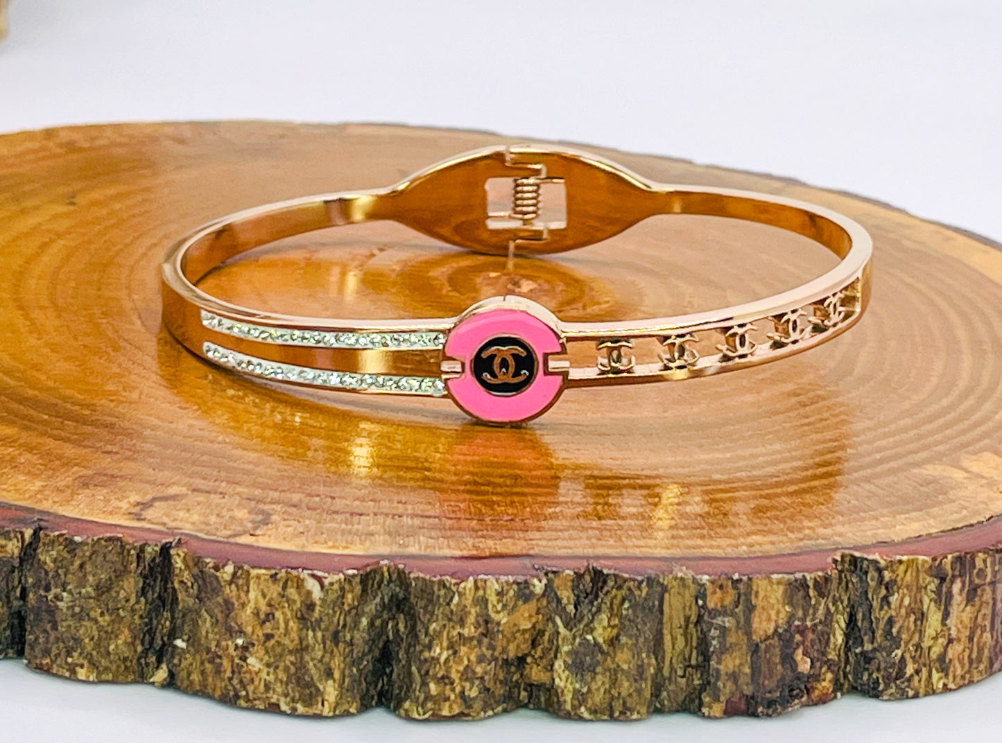 Pink Enameled CC Logo Gold Stainless Bangle Bracelet