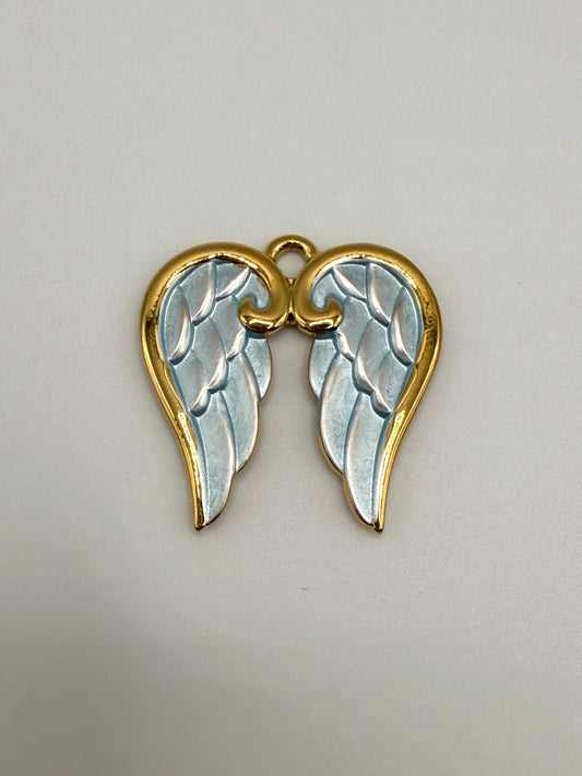 Gold & Blue Enamel Angel Wing Charm Pendant