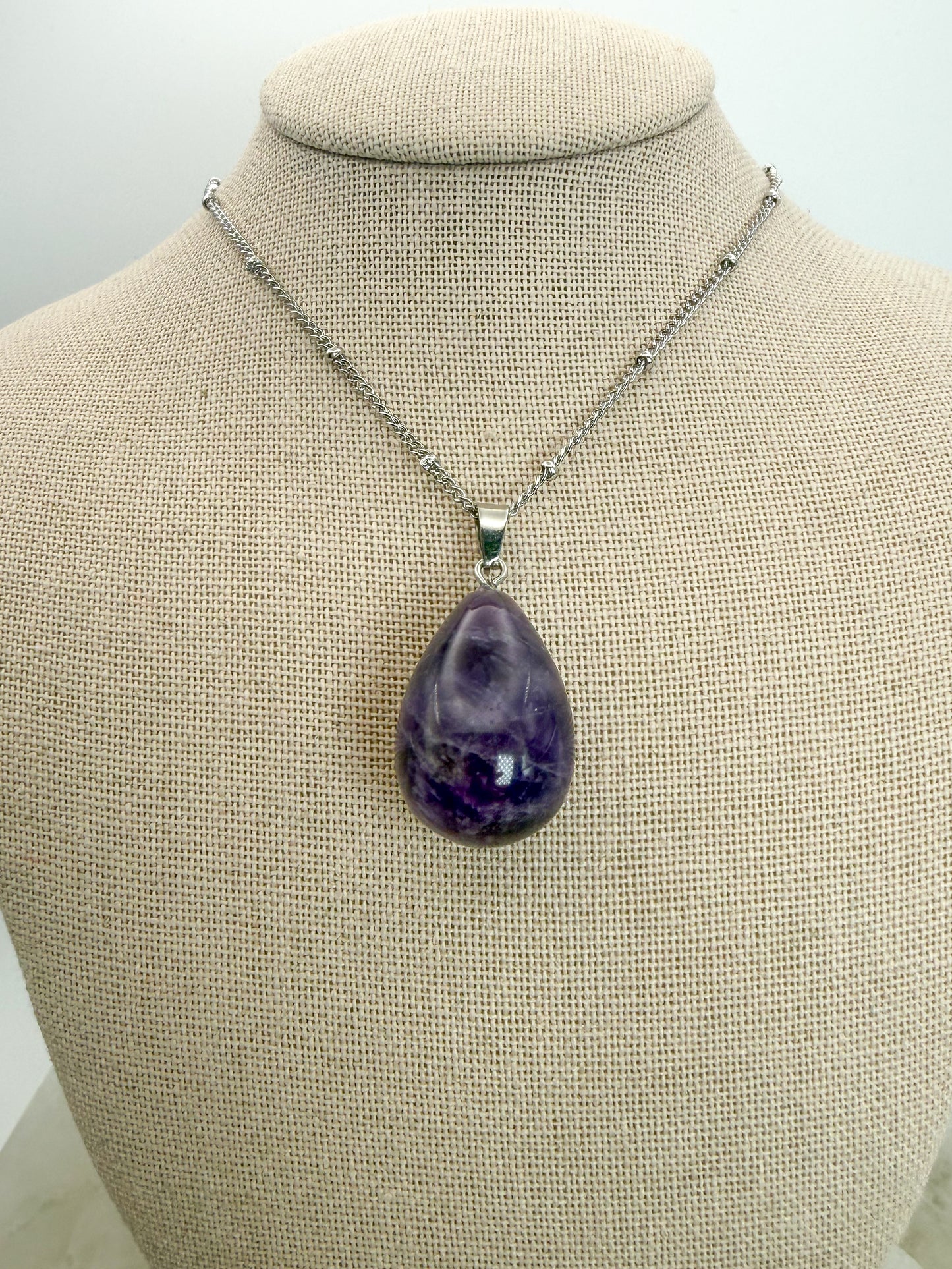 Natural Amethyst Teardrop Pendant Stainless Steel Chain Necklace