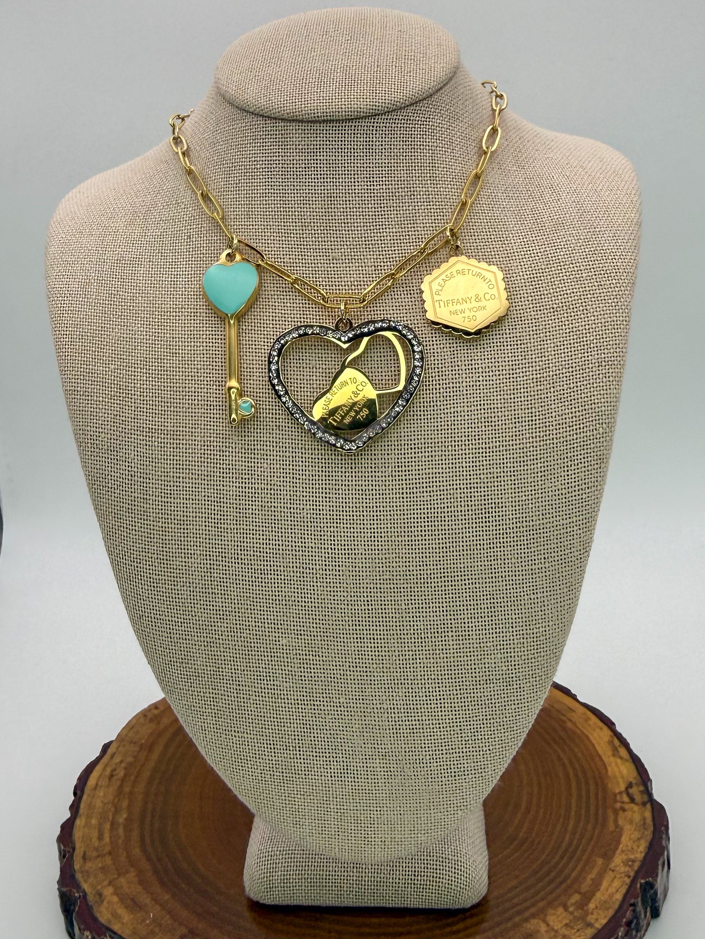 Gold Stainless Steel T&Co. Charm Necklace & Stud Earrings Jewelry Set