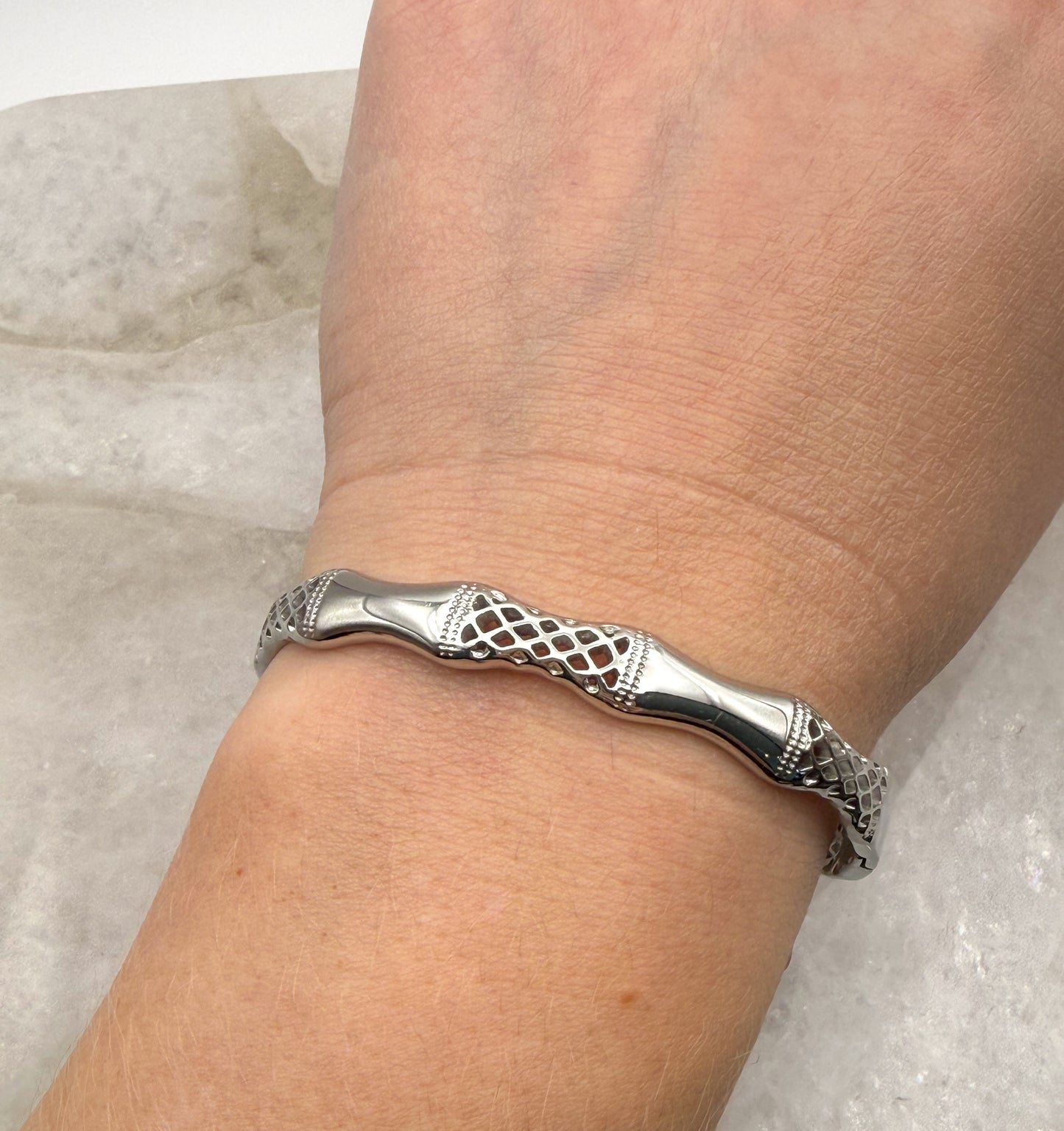 Silver Stainless Steel Delicate Bamboo Bangle Bracelet