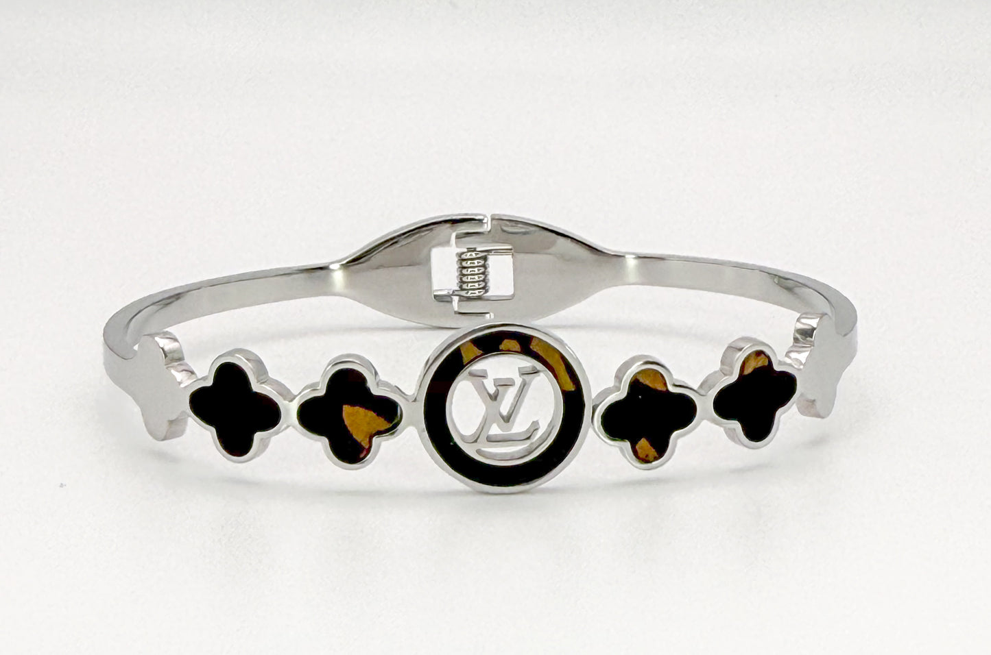 Stainless Steel LV Open Front Silver Bangle with Brand Leather Logo