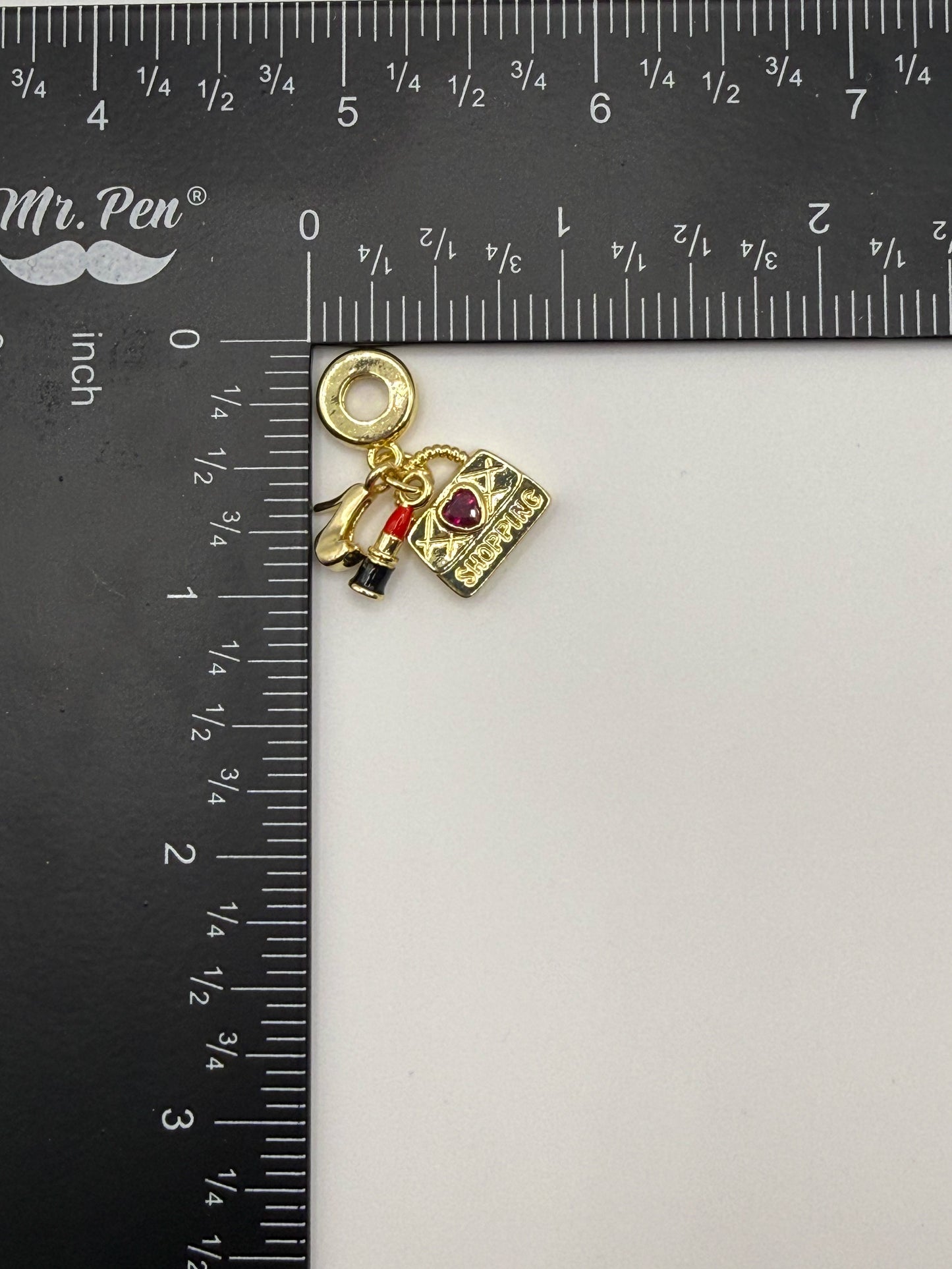 Gold Pandora Style Shopping Theme High Heel Lipstick Purse Dangling Charm Bead