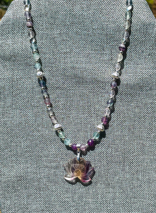 Natural Fluorite Lotus Crystal Carving Beaded Adjustable Necklace