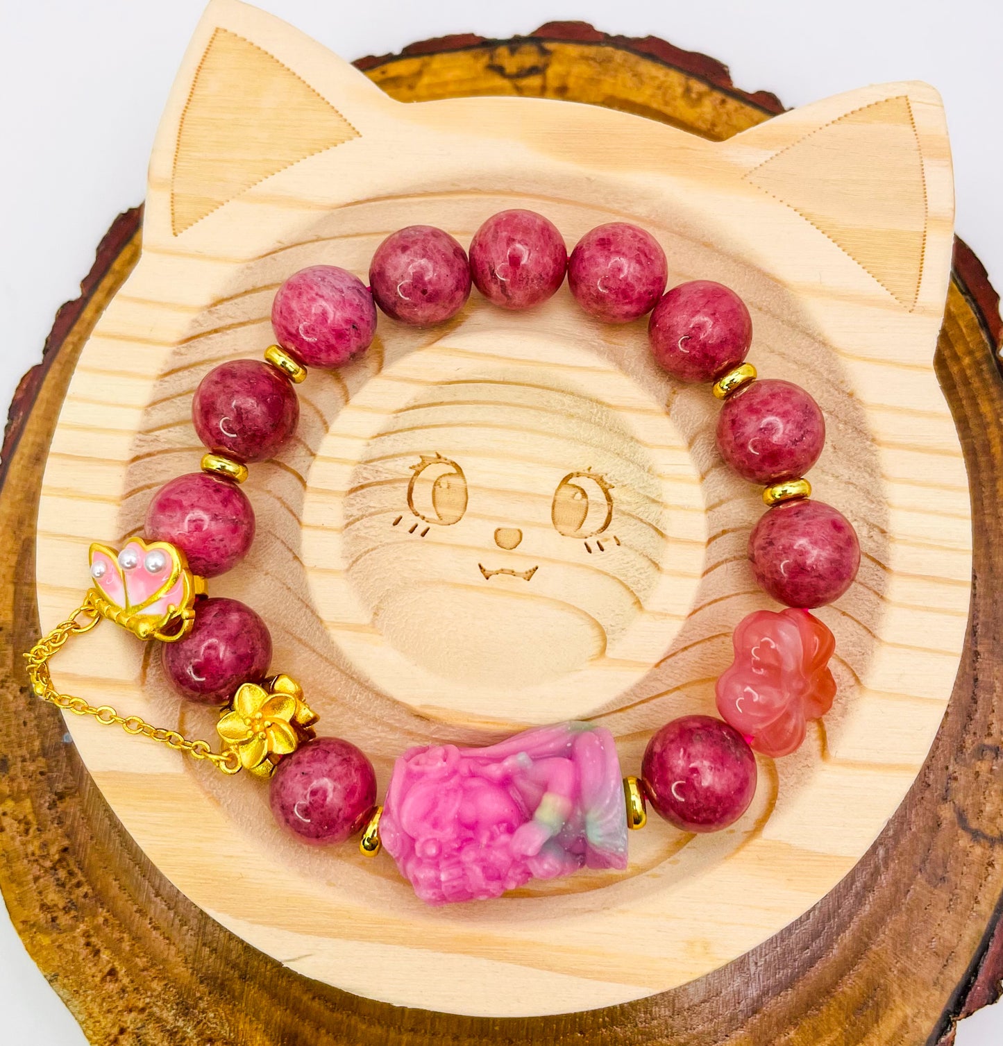 Goddess of Protection Drashi Llamo Pink Rhodonite Statement Bracelet