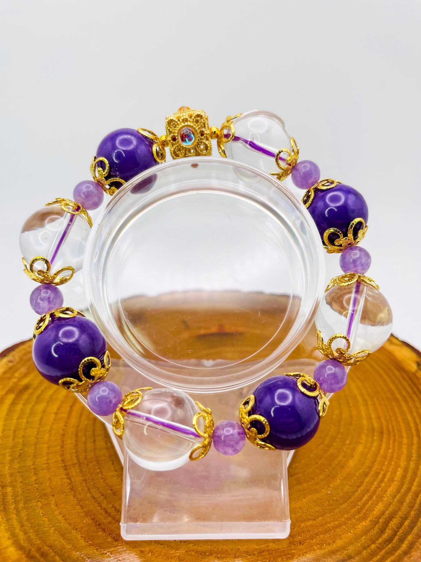 Clear Quartz & Purple Phosphosiderite Crystal Bling Bracelet