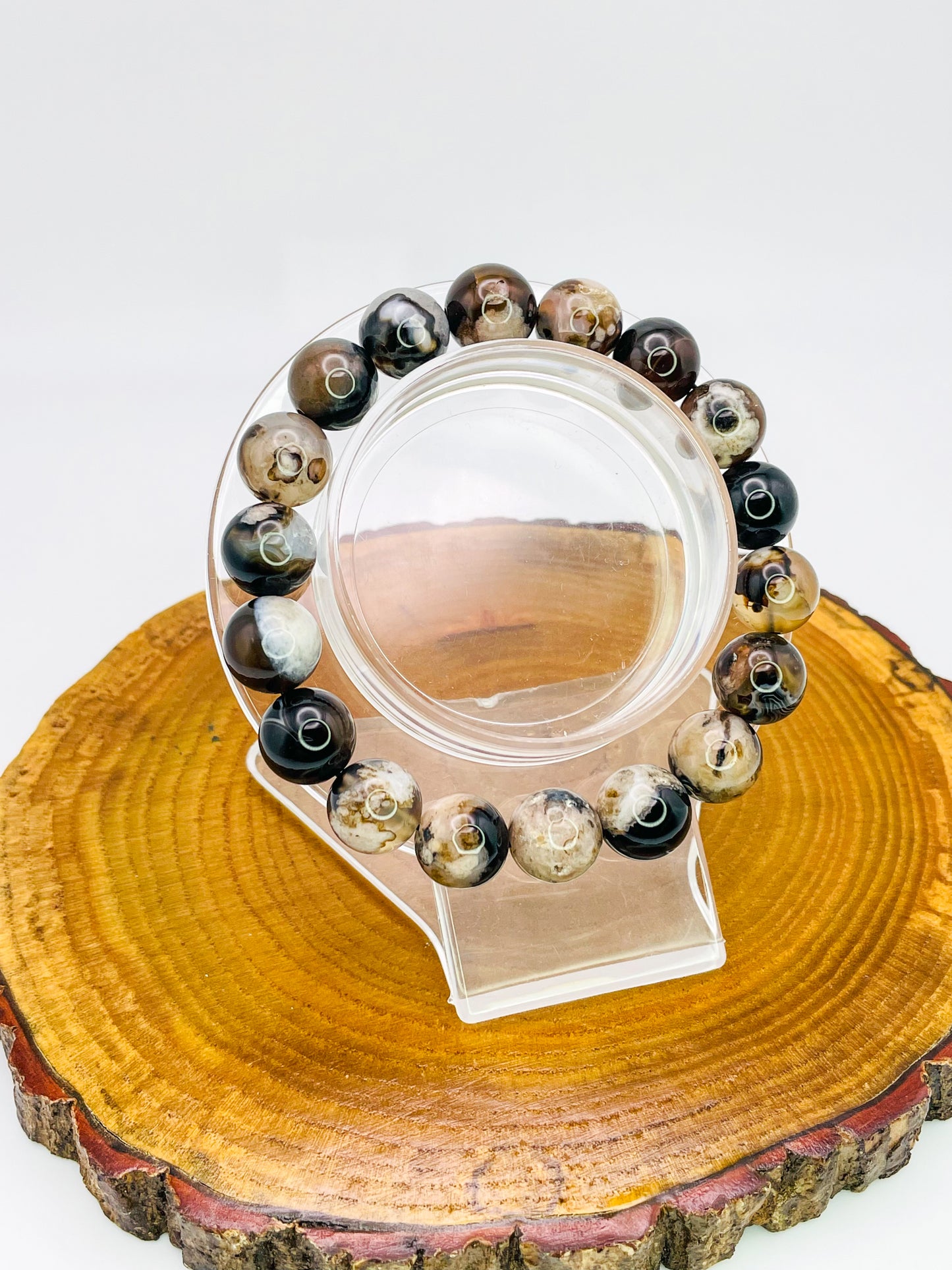 Natural Black Flower Agate Crystal Beaded Stretch Adjsutable Bracelet