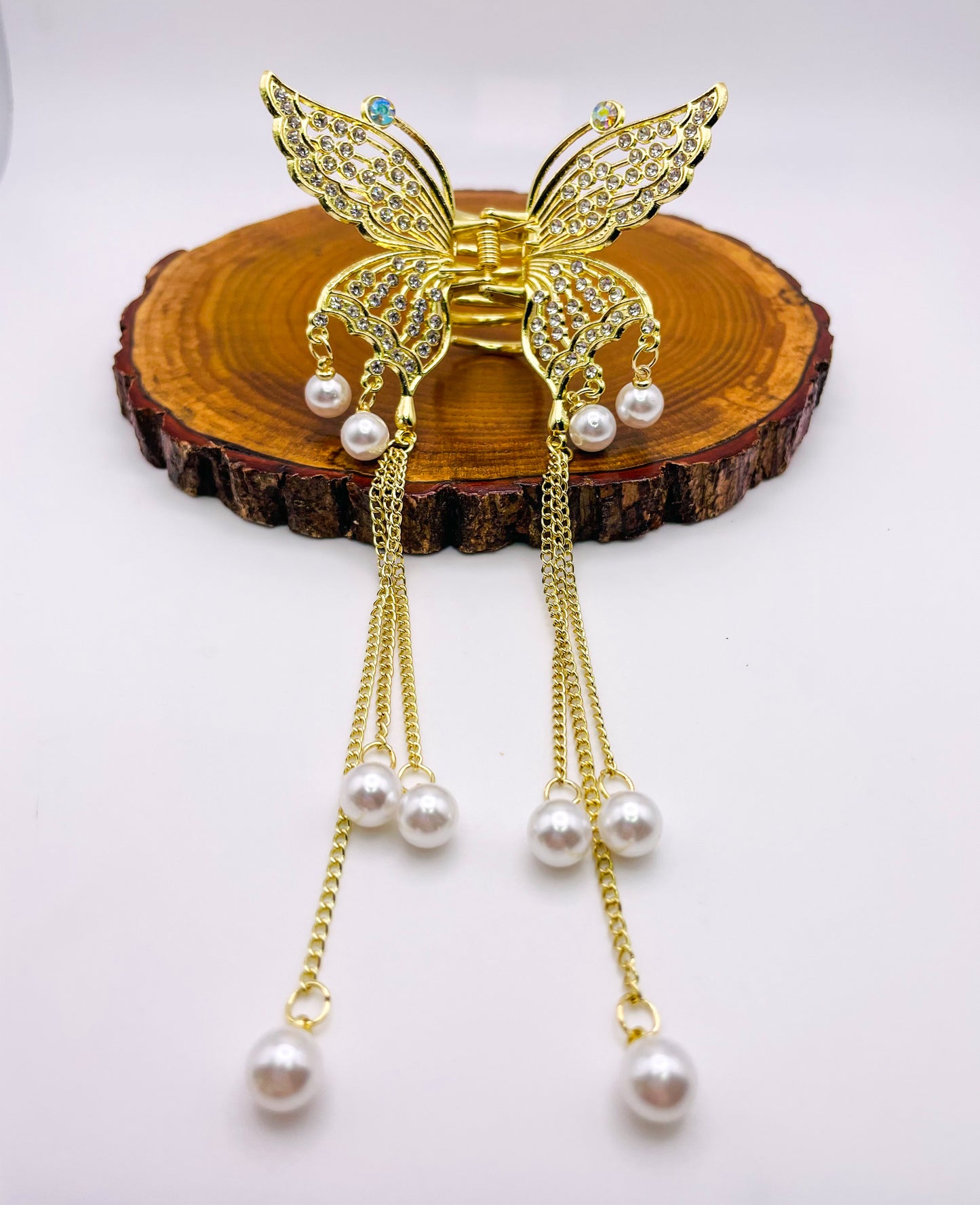 Small Size Gold Bling Butterfly Hair Clips with Dangling Gold Chain & Pearls