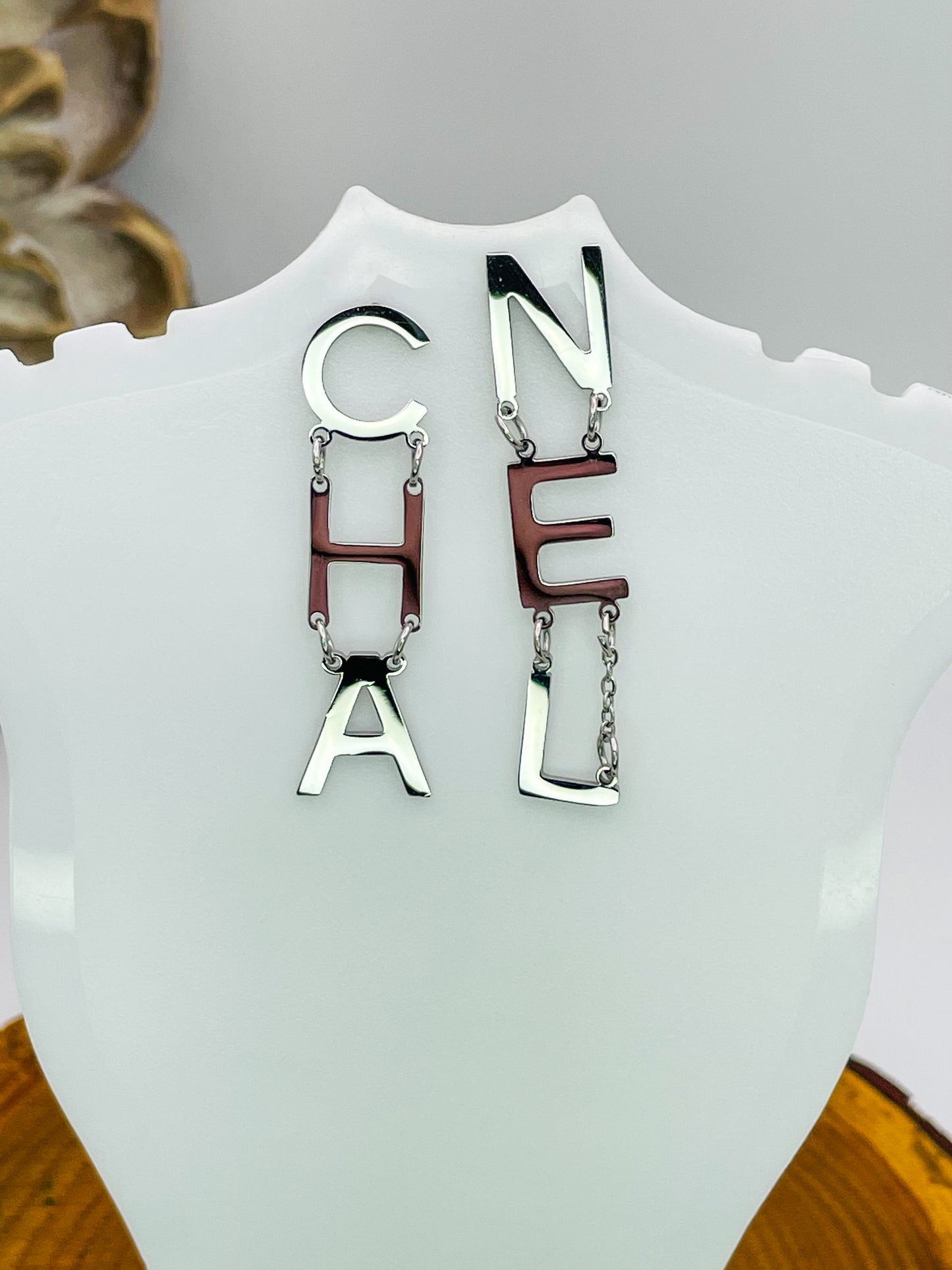 Silver Chanel Letter Drop Stud Earrings