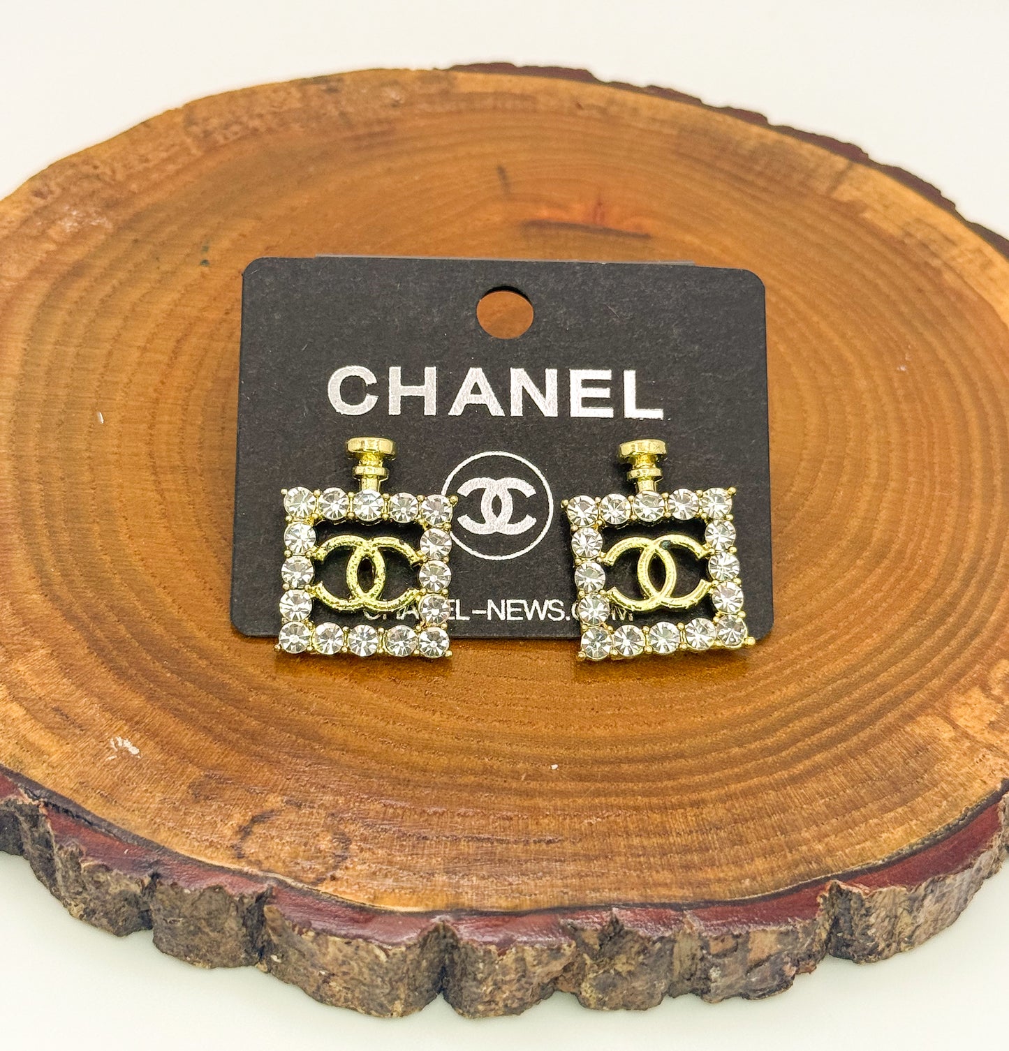 Gold CC Designer Perfume Bottle Stud Earrings