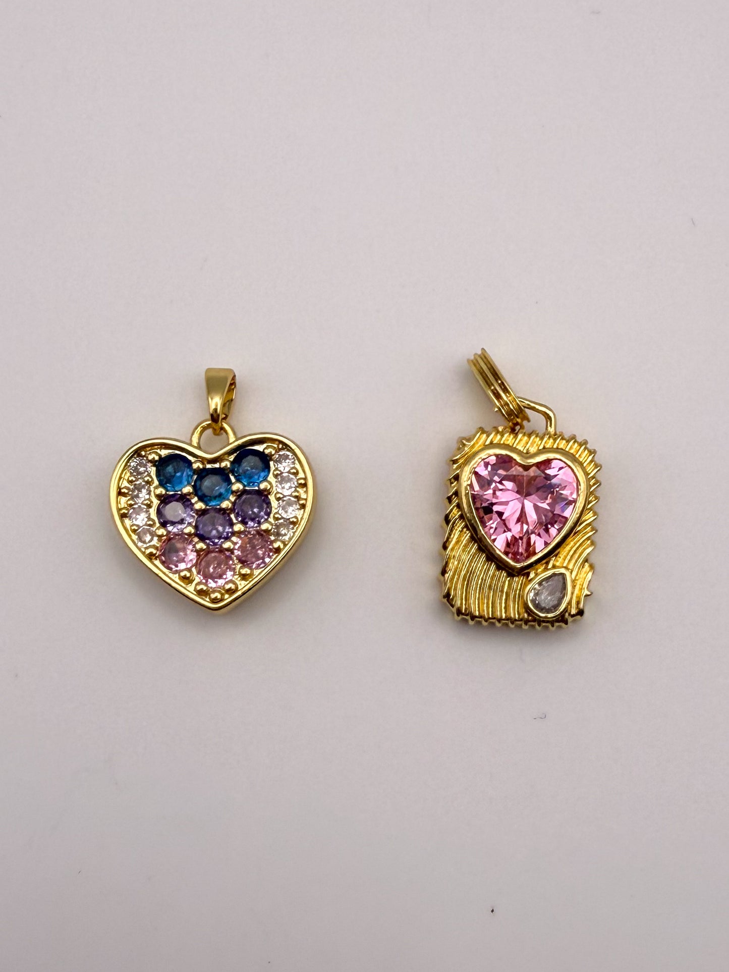 Gold Colorful Zircon Heart & Pink Zircon Heart Charm Pendant