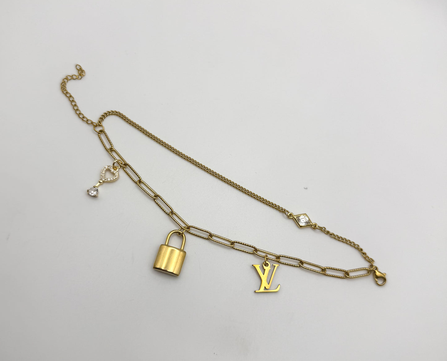Gold LV Lock n Key Charm Adjustable Bracelet