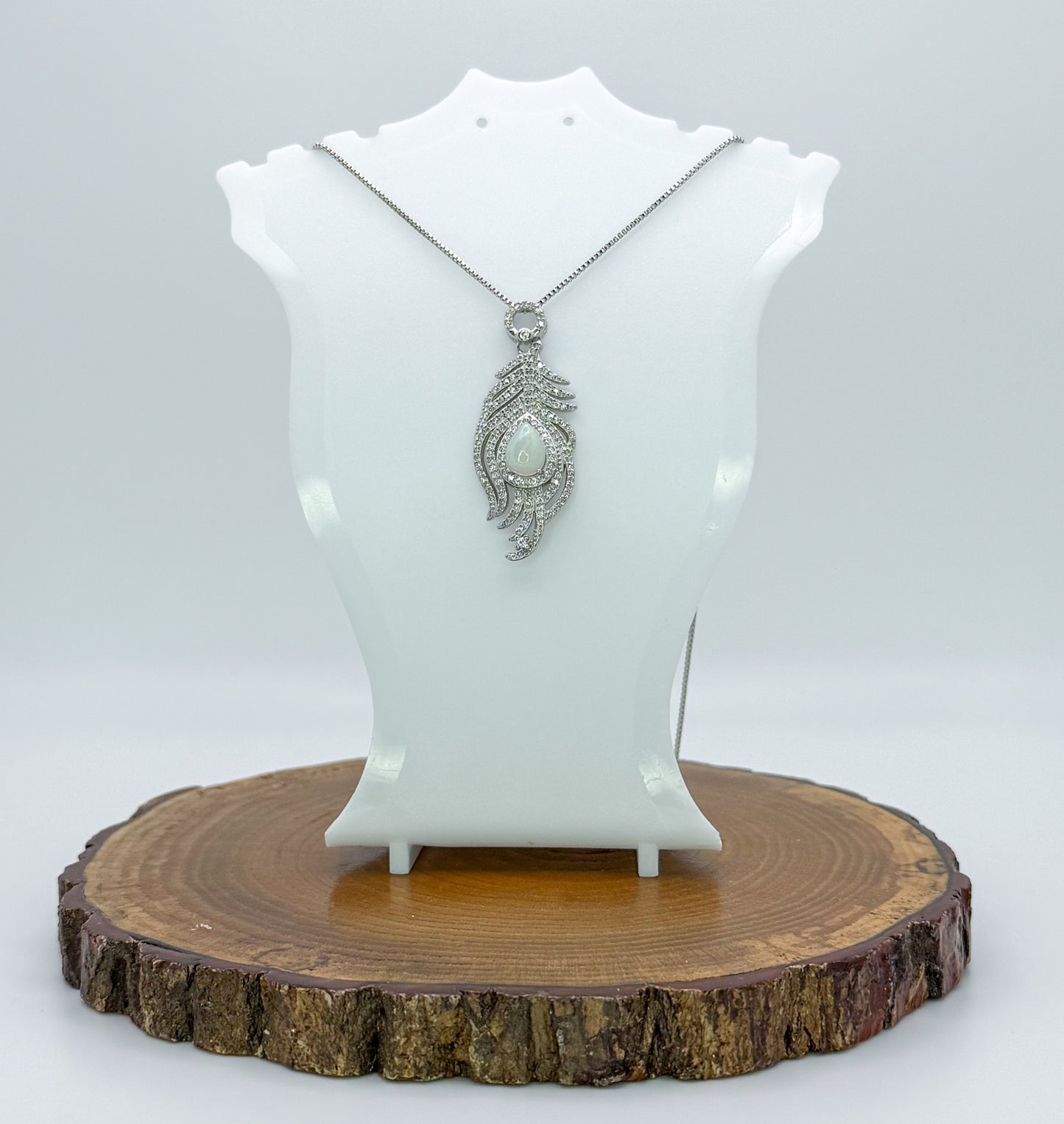 Natural White Opal Sterling Silver Feather Pendant Necklace