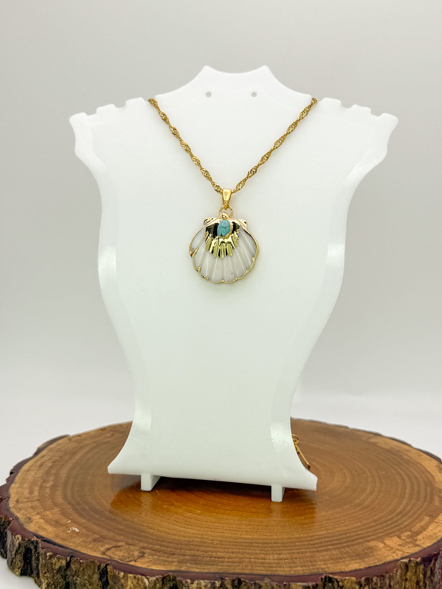 Nature’s Beauty Necklace-Natural Shell with Natural Turquoise Gemstone, Gold Stainless Steel Pendant Necklace