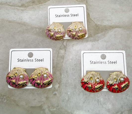 Gold Stainless Steel Colorful Shell Stud Earrings