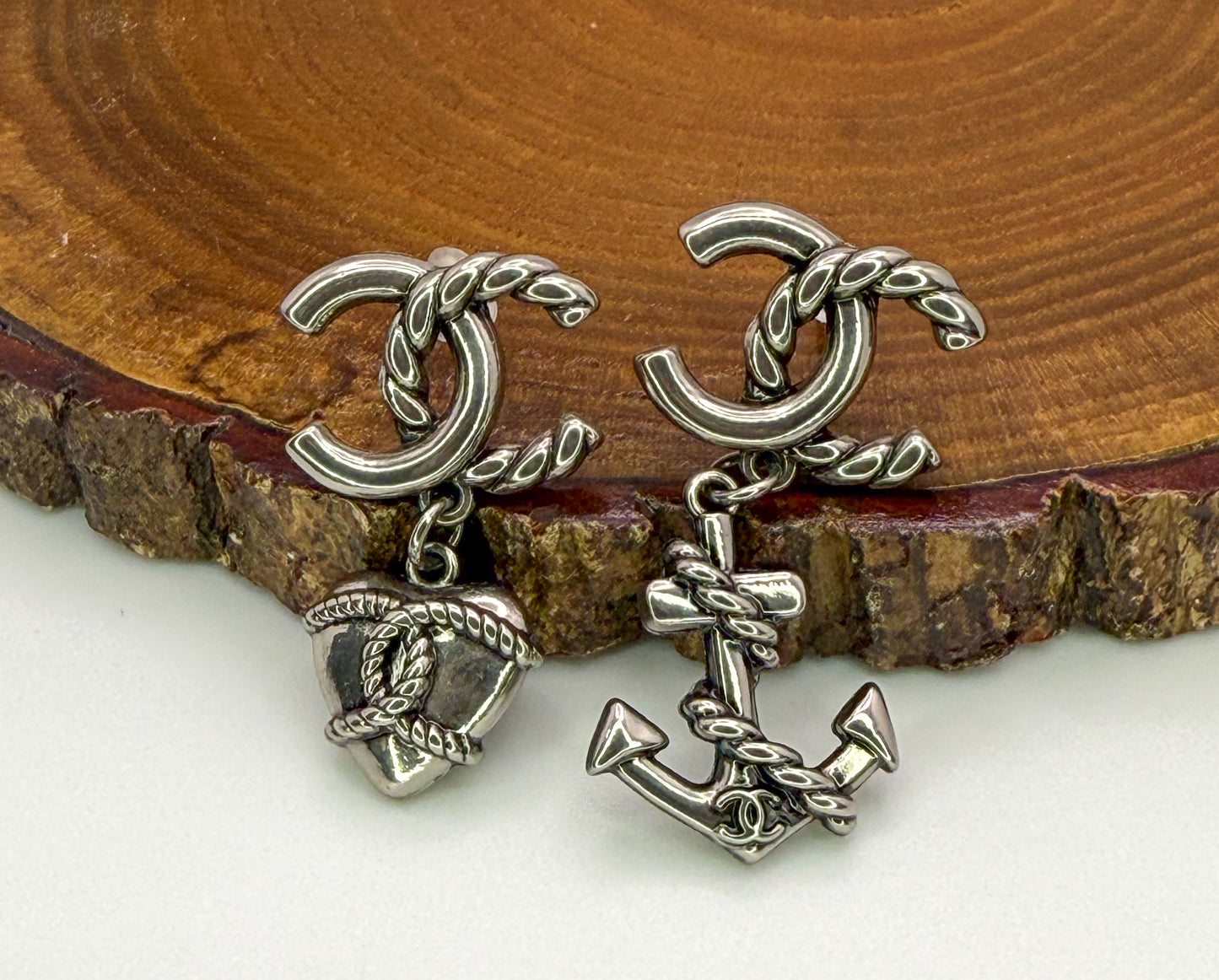 Antique Gold & Silver CC Designer Love & Anchor Stud Dangle Earrings