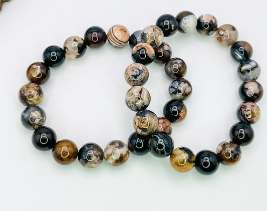 Natural Black Flower Agate Crystal Beaded Stretch Adjsutable Bracelet