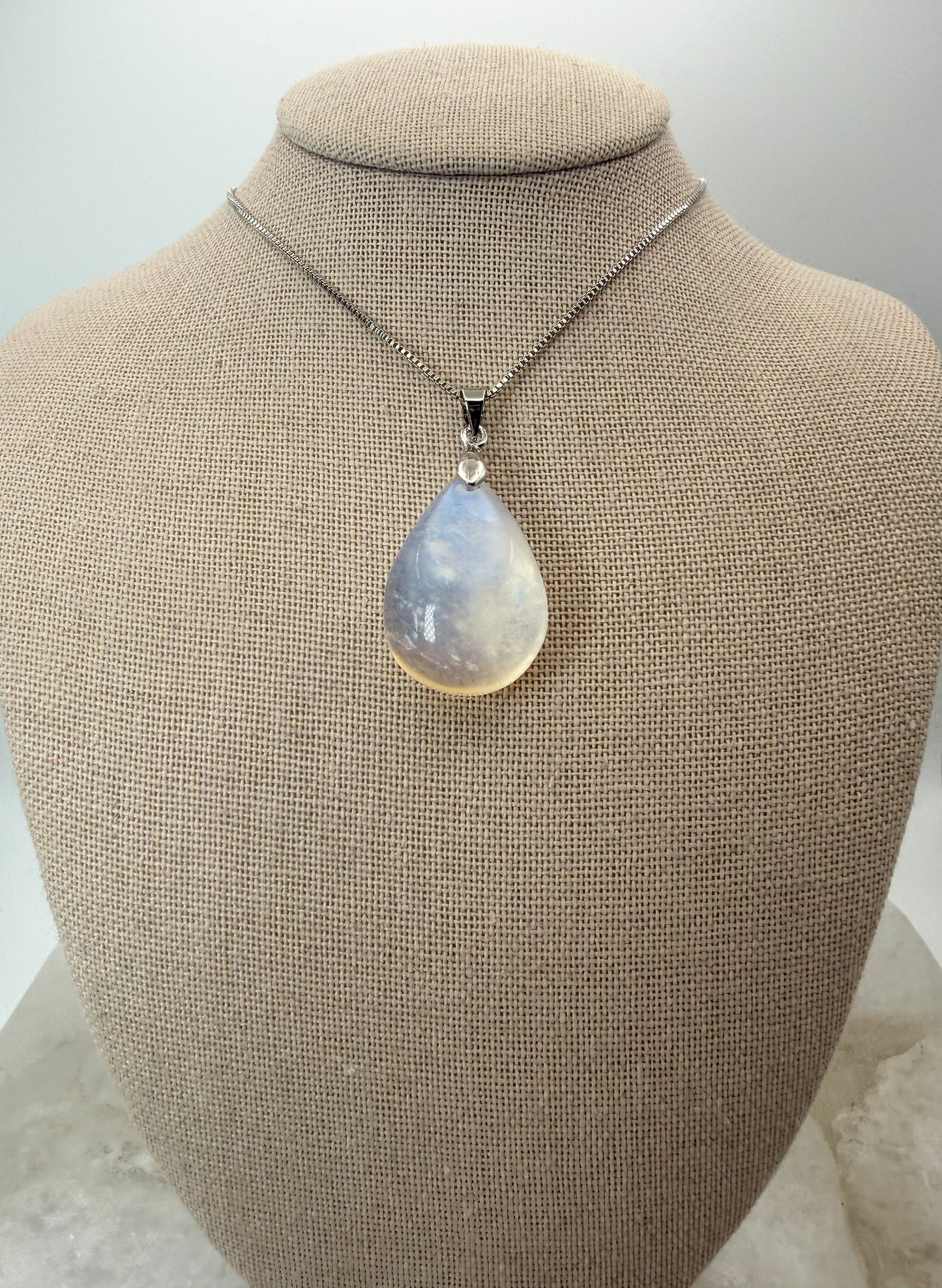 Natural Blue Moonstone Crystal Teardrop Pendant on Stainless Steel Chain Necklace